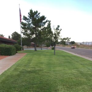 US flag flying above property management lawn and trees